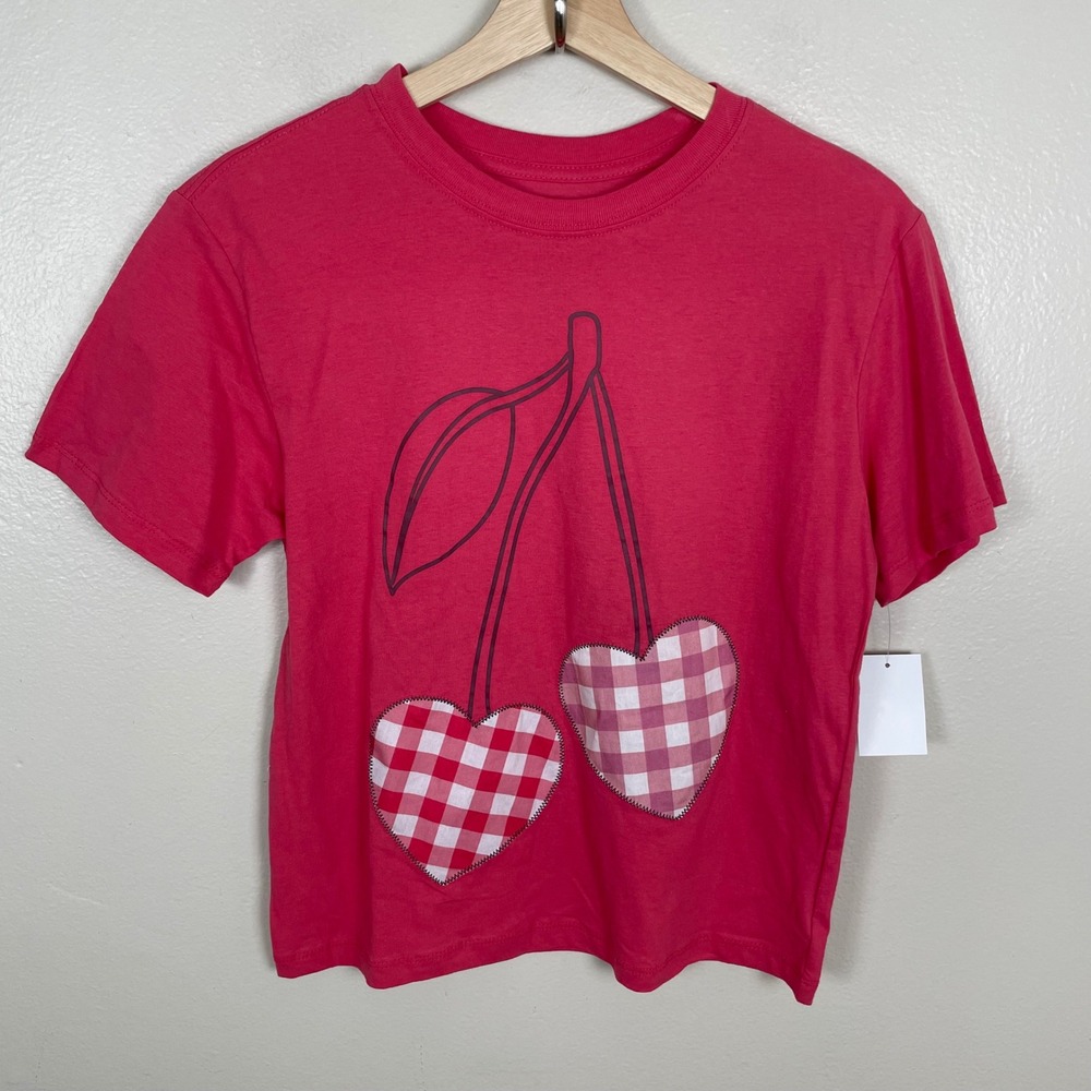 Mighty Fine Womens Small T-Shirt Pink Cherry Heart Gingham Patch Graphic Tee NEW